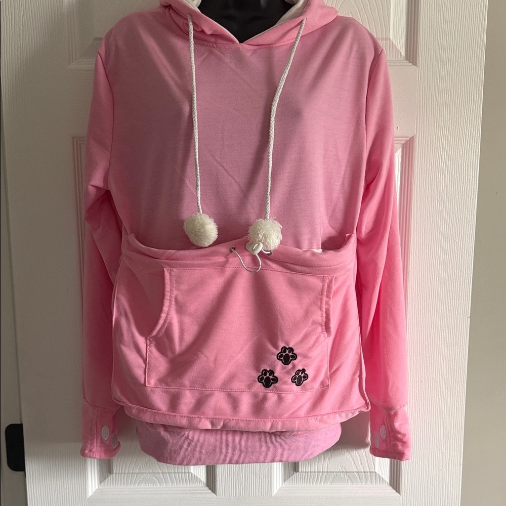 Pink Women's Pullover Hoodie Sweater with Pom-Pom Drawstrings